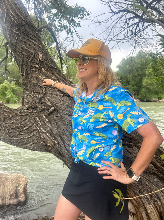 Turtle in the Clouds - Bright Hawaiian Shirt with Sea Turtles & Banjos