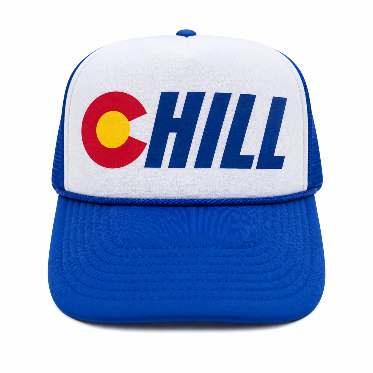 A blue and white trucker hat featuring the word 'CHILL' in blue with a red and yellow Colorado 'C' logo on the front panel.