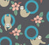 A repeating pattern featuring beige sloths hanging from blue rings, pink flowers, and green leaves on a dark gray background.