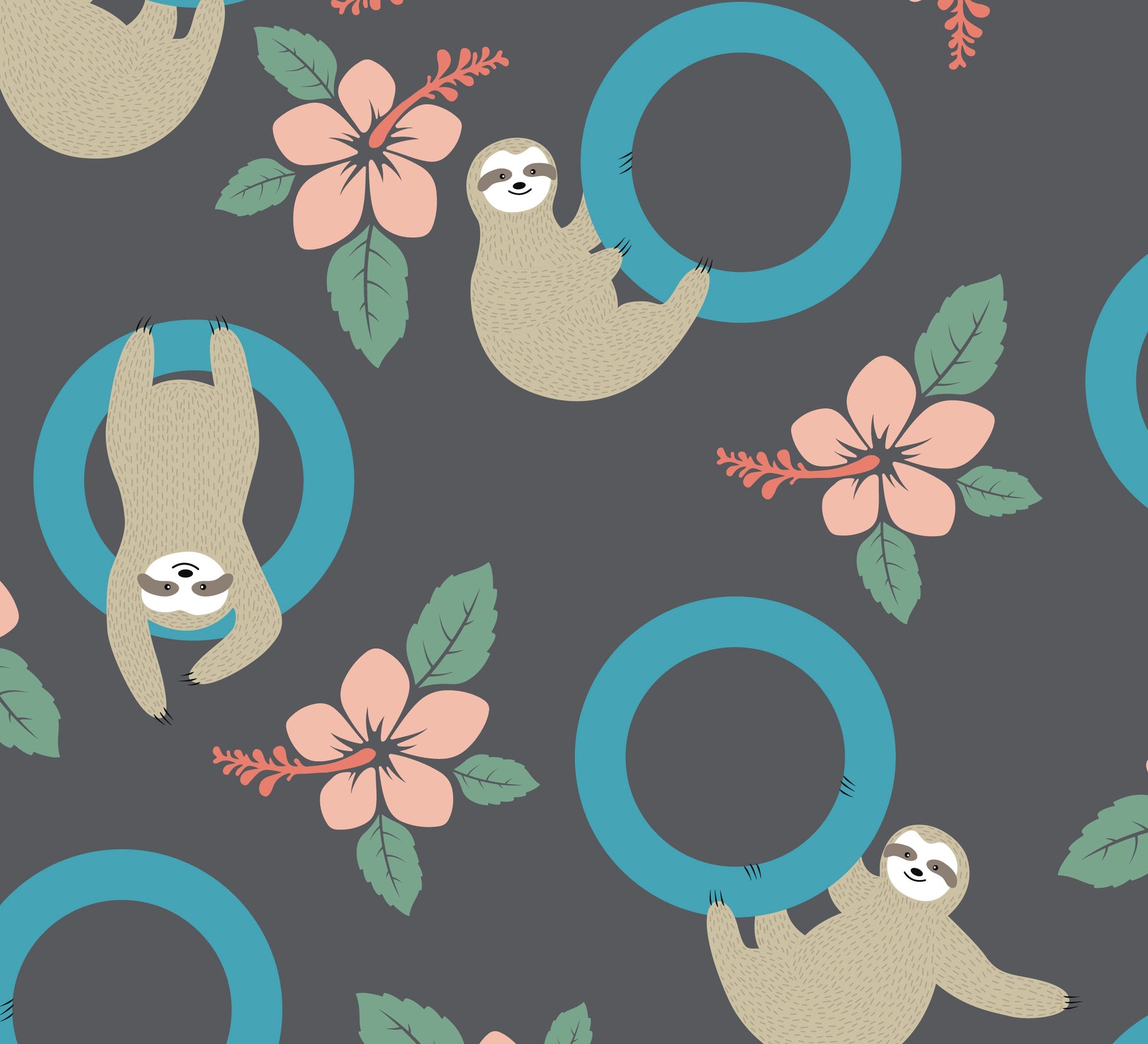 A repeating pattern featuring beige sloths hanging from blue rings, pink flowers, and green leaves on a dark gray background.