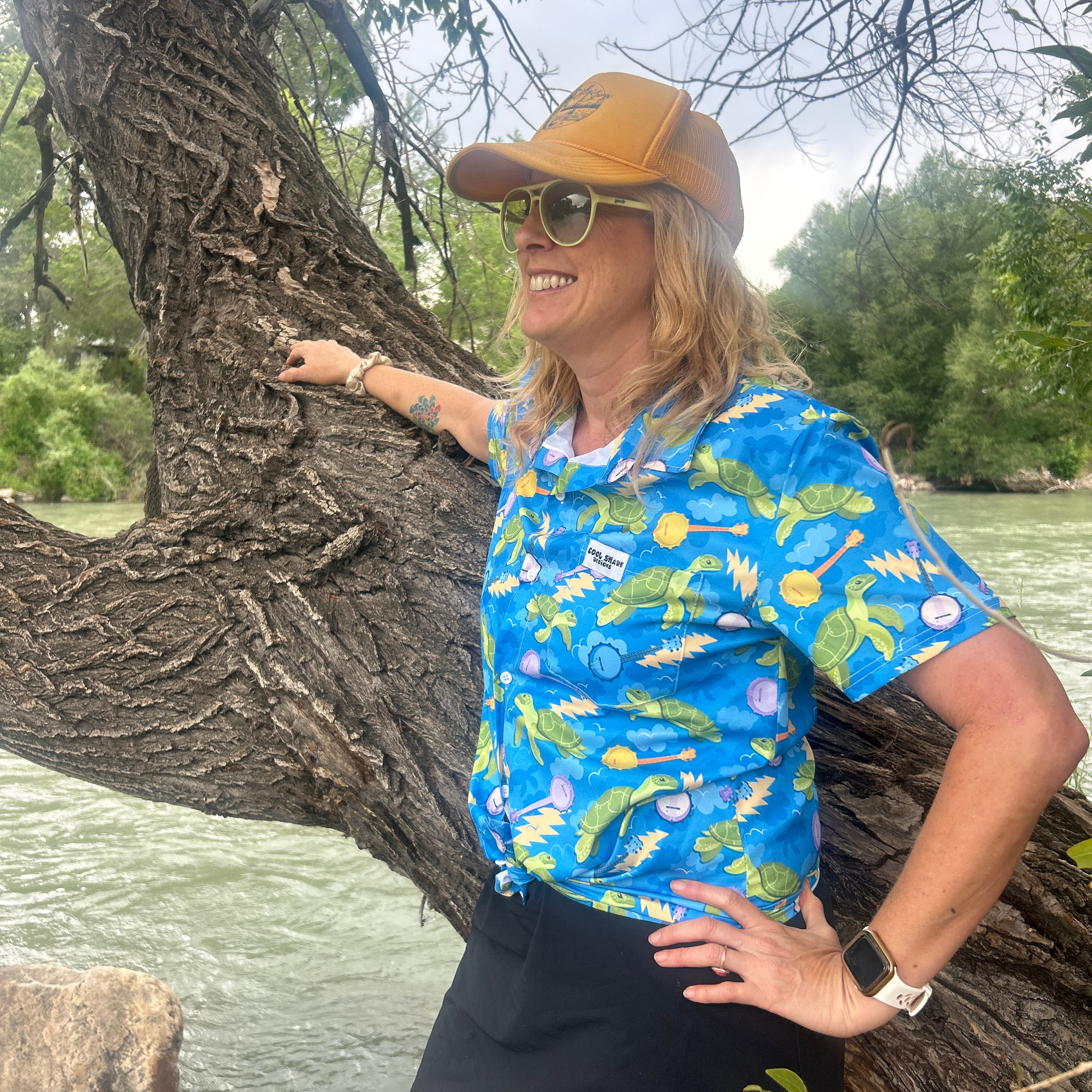 Turtle in the Clouds - Bright Hawaiian Shirt with Sea Turtles & Banjos