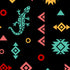 A repeating geometric pattern on a black background with turquoise lizard motifs, coral and yellow shapes.
