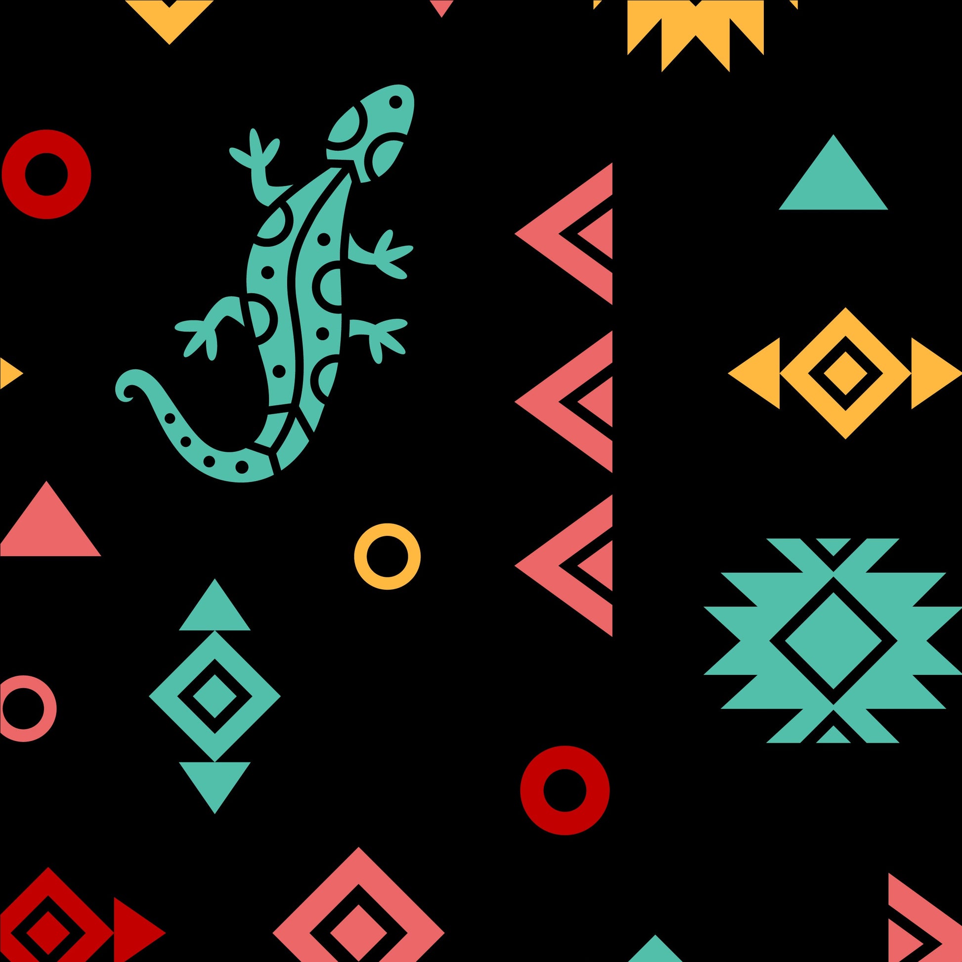 A repeating geometric pattern on a black background with turquoise lizard motifs, coral and yellow shapes.