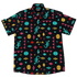A short-sleeve button-up shirt with a black base and a vibrant, all-over Southwestern geometric pattern featuring turquoise, yellow, pink, and orange shapes, including lizard motifs.  It is a reference to the Phish song Lizards.