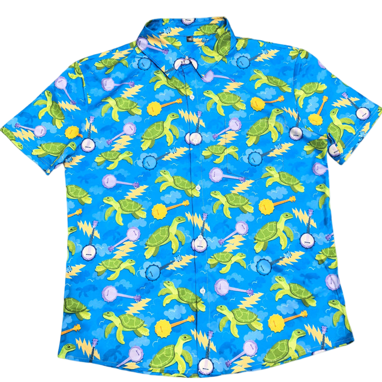 Turtle in the Clouds - Bright Hawaiian Shirt with Sea Turtles & Banjos