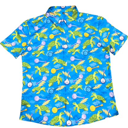 Turtle in the Clouds - Bright Hawaiian Shirt with Sea Turtles & Banjos